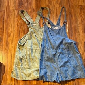 Denim and Olive Cotton Romper Overalls Set